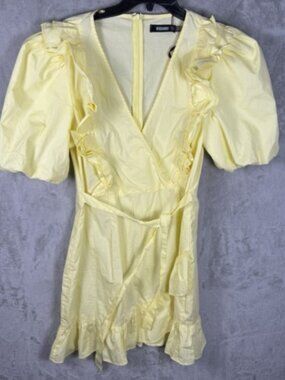 NWT Missguided Ruffle Wrap Poplin Puff Sleeve Plunging V-Neck Dress Yellow Sz 14